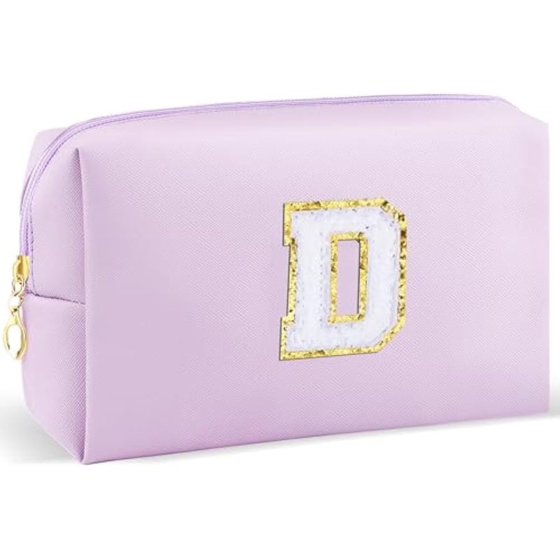 Gifts for Girls Initial Makeup Bag Personalized Cosmetic Bag with Zipper Cute Travel Toiletry Bag Waterproof PU Preppy Makeup Pouch Birthday Gift for Teen Girls Women(Purple D) - Image 1